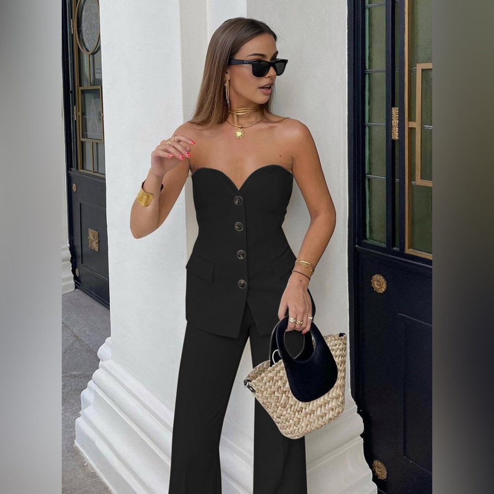Commense Black Button Down Strapless Top